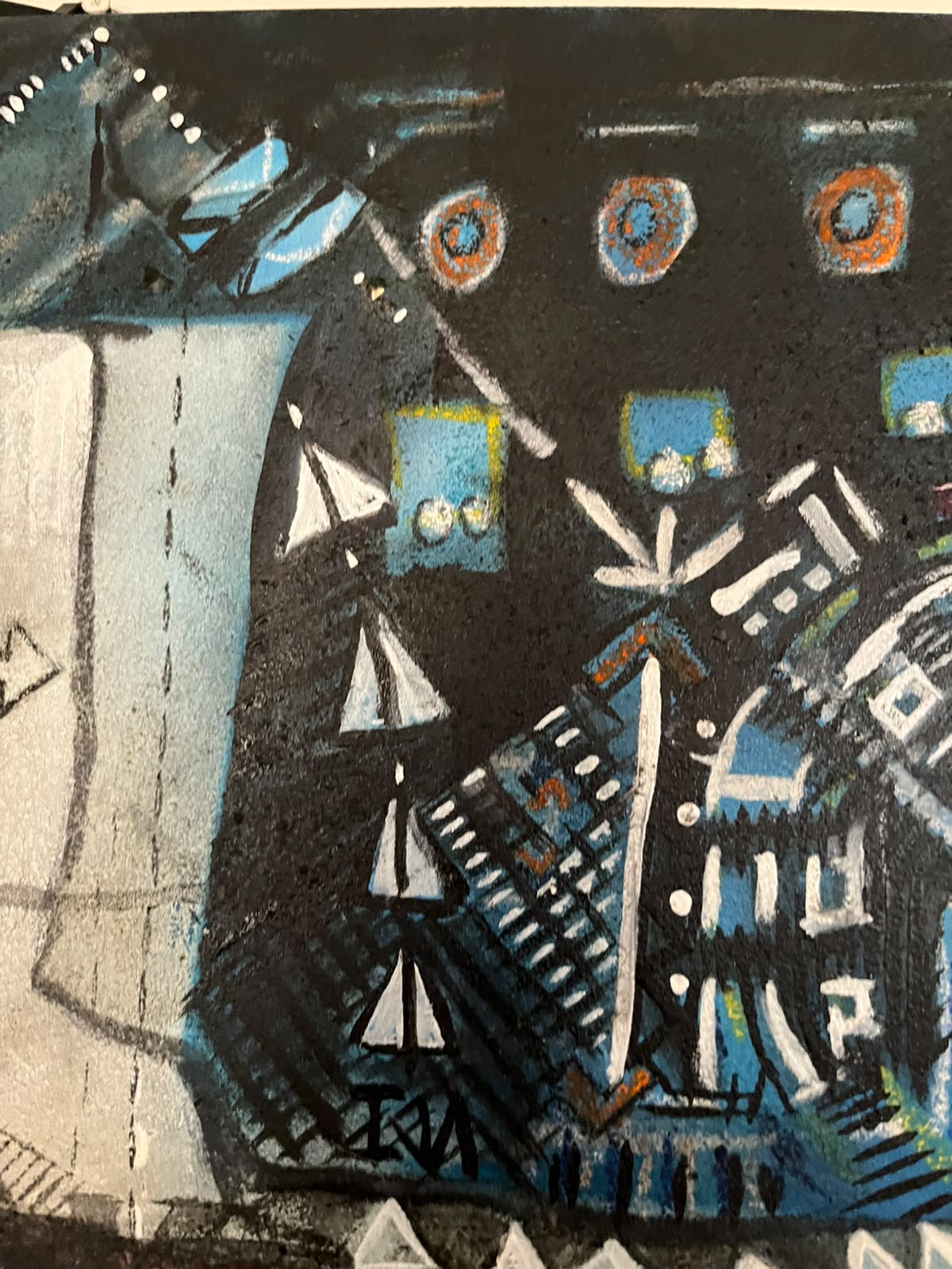 Detail — white towers with blue panels and sails