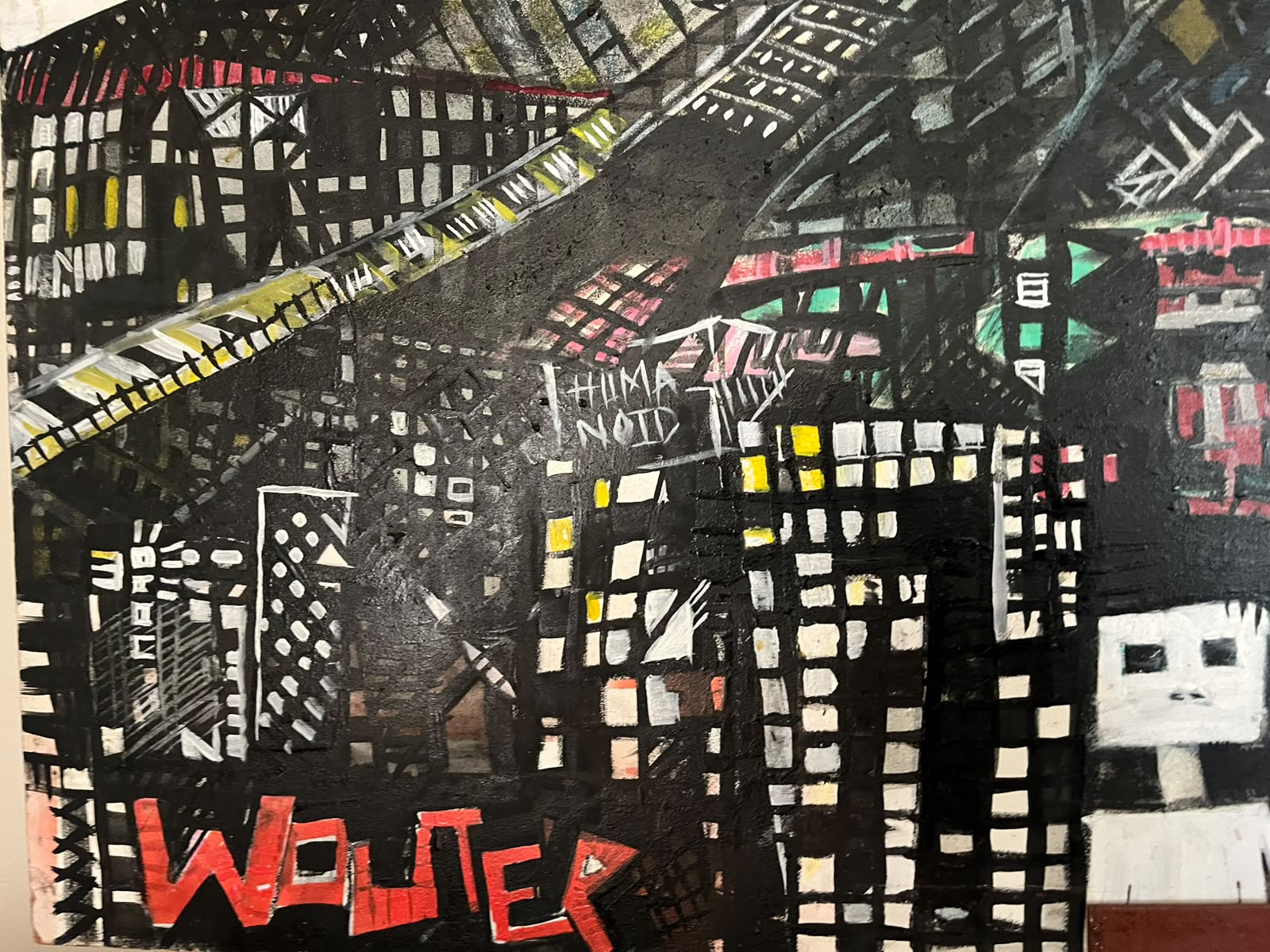 Section of the painting carrying the red WOUTER signature and the word Humanoid