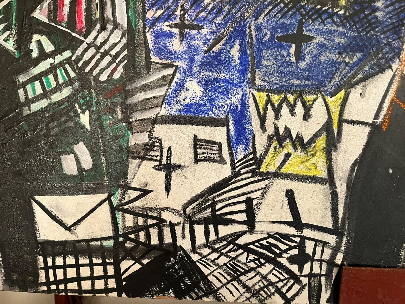 Detail — white houses under a blue crayon sky with crosses